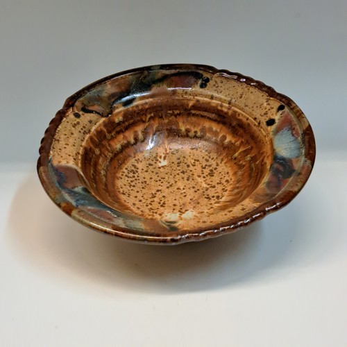 #230770 Bowl, Tan/Brown/Turquoise Scalloped Edge $22 at Hunter Wolff Gallery